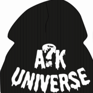 Bonnet noir avec écrit A?K Universe en blanc.